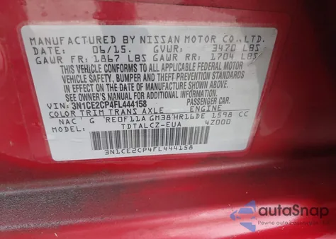 2015 Nissan Versa Note S Plus z USA, uszkodzony, nr VIN 3N1CE2CP4FL444158